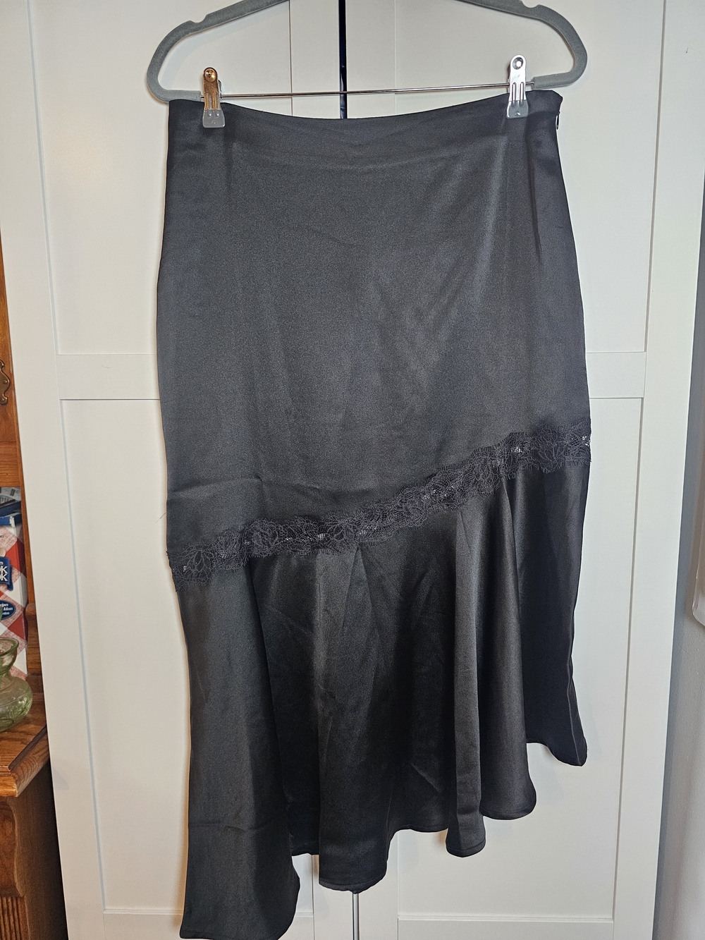 Skies Are Blue Black Satin Asymmetrical Lace Trim Midi Skirt L Coquette Gothic